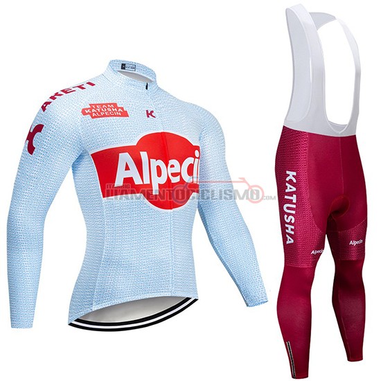 Abbigliamento Ciclismo Katusha Alpecin Manica Lunga 2019 Chiaro Blu Rosso